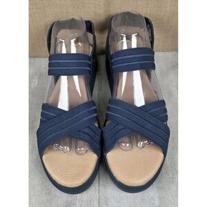 Sperry Bayou Plushstep Platform Stretch Weave Navy Blue Slingback Sandals Sz 9.5